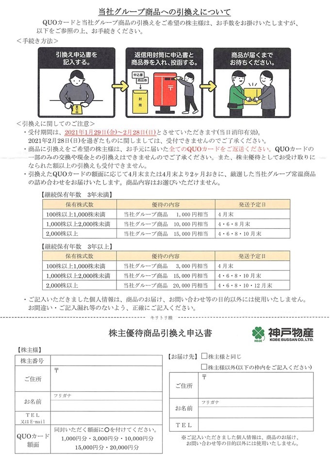 神戸物産のクオカードを商品券に引き換える方法（2020年10月期）